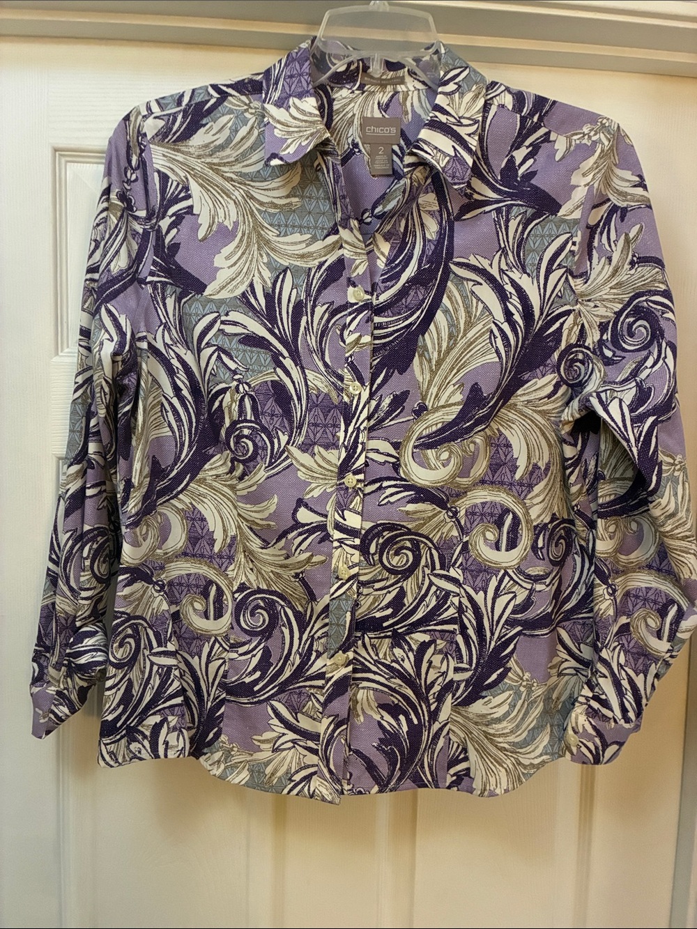 Chico's Purple and Cream Swirl Button-Down Shirt XL